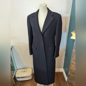 Harry Rosen Crombie Scotland pure virgin wool trench coat black/blue weave Sz M
